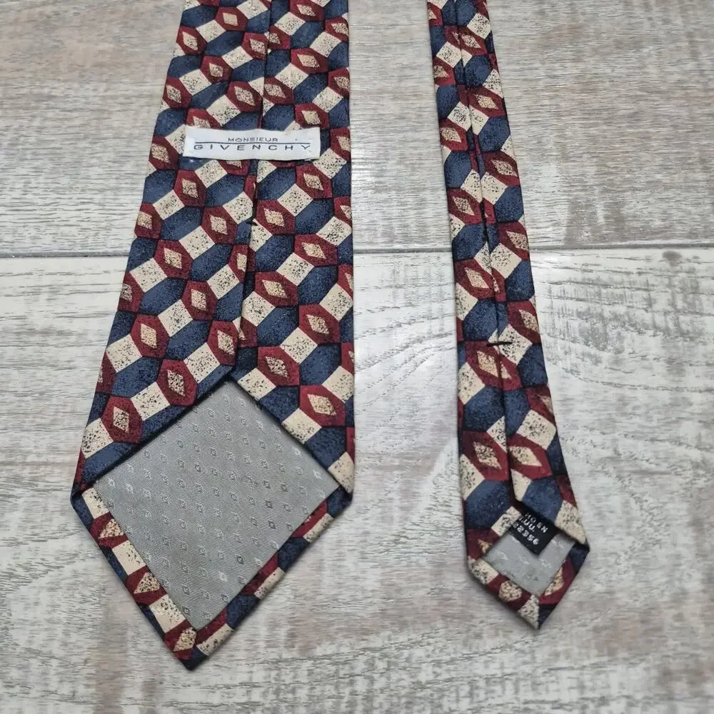 GIVENCHY Monsieur Necktie 100% SILK Blue Red Beige Geometric MADE IN ITALY Y2K